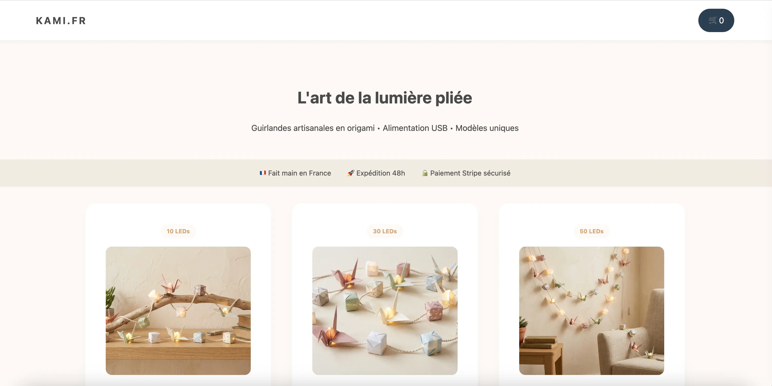 Site e-commerce Kami.fr — guirlandes artisanales en origami